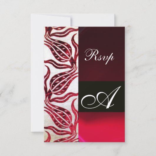 RED DAMASK VELVET TULIPS MONOGRAM Burgundy White RSVP Kaartje (Voorkant)