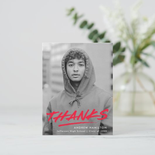 Red Dashed Modern Foto Afstuderen Dank u Briefkaart (Staand voorkant)