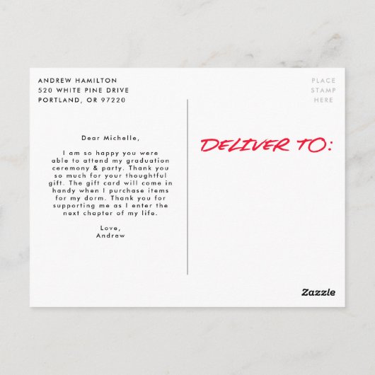 Red Dashed Modern Foto Afstuderen Dank u Briefkaart (Achterkant)