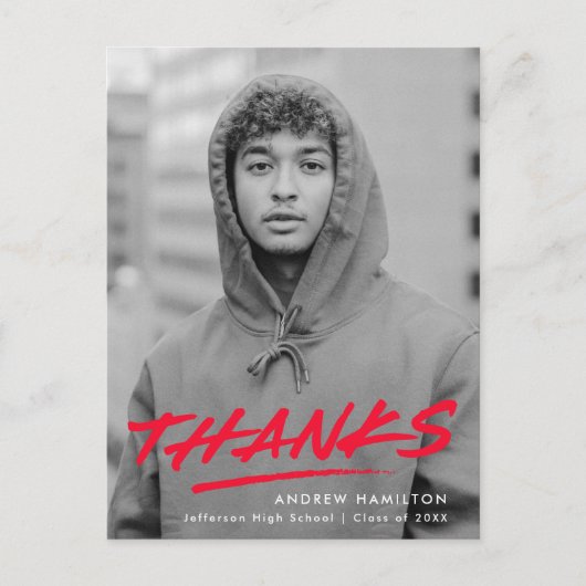 Red Dashed Modern Foto Afstuderen Dank u Briefkaart (Voorkant)