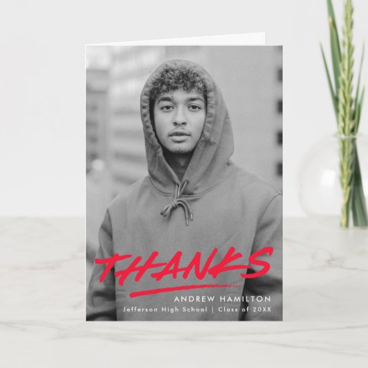 Red Dashed Modern Photo Afstuderen Bedankkaart (Voorkant)