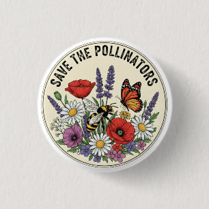 Red de Bestuiver met bij, vlinder & bloemen Ronde Button 3,2 Cm