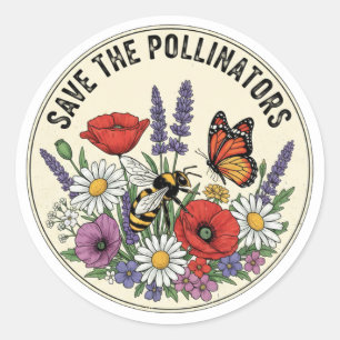 Red de Bestuiver met bij, vlinder & bloemen Ronde Sticker