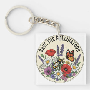 Red de bestuiver met bij, vlinder & bloemen sleutelhanger
