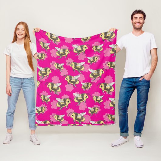 Red de bijen met roze bloemen fleece deken (In situ)