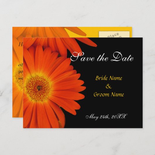 red de date , gerbera daisy aankondigingskaart (Voorkant / Achterkant)