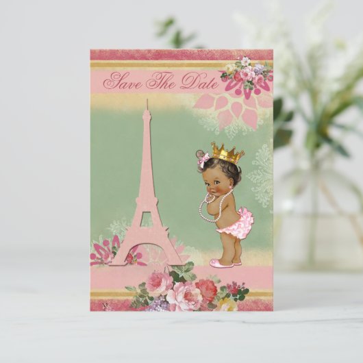 Red de datum Etnische Prinses Paris Baby shower Save The Date (Staand voorkant)