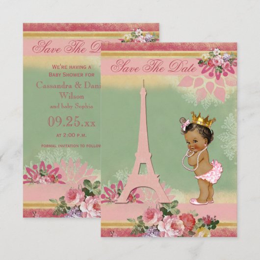 Red de datum Etnische Prinses Paris Baby shower Save The Date (Voorkant / Achterkant)