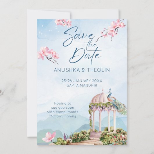 Red de datum Indiase bruiloft pauw stoffig blauw Kaart (Voorkant)