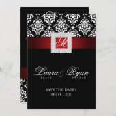 Red de datum van het huwelijk Damask Jewel Red Whi Save The Date (Voorkant / Achterkant)