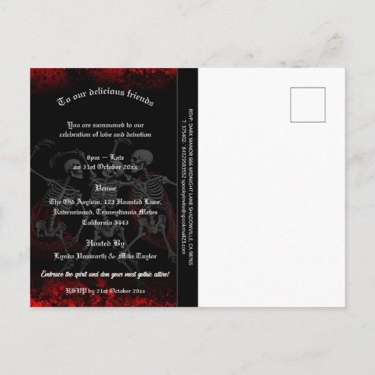 Red Death Dancing Skeletten Gotische bruiloft Uitnodiging Briefkaart (Achterkant)