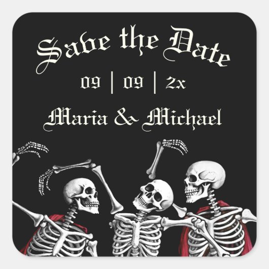 Red Death Dancing Skeletten Gotische bruiloft Vierkante Sticker (Voorkant)