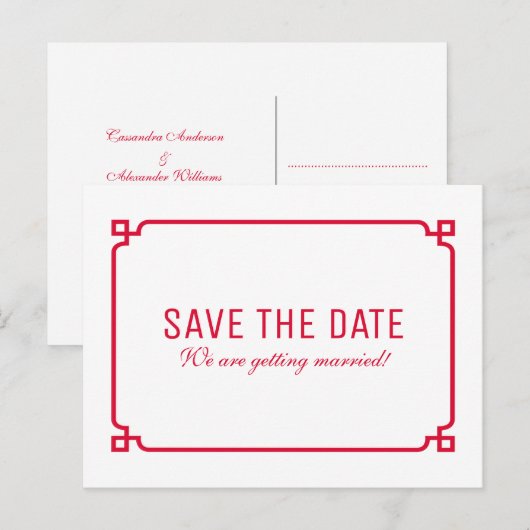 Red Deco Chic Save the Date Briefkaart (Voorkant / Achterkant)