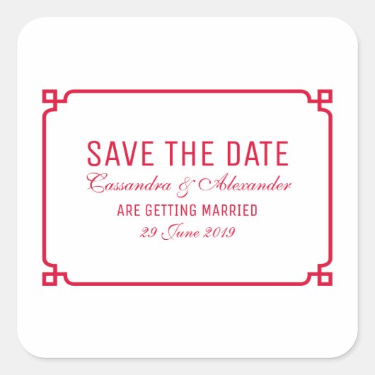 Red Deco Chic Save the Date Vierkante Sticker (Voorkant)
