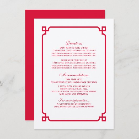 Red Deco Chic Wedding Info Kaart (Voorkant / Achterkant)