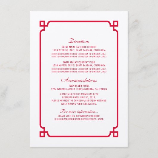 Red Deco Chic Wedding Info Kaart (Voorkant)