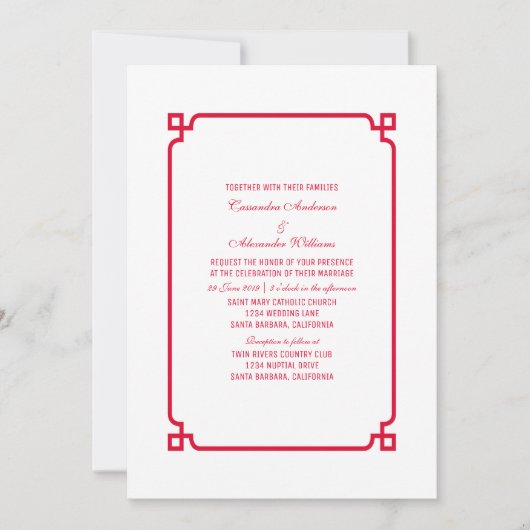 Red Deco Chic Wedding Invite Kaart (Voorkant)