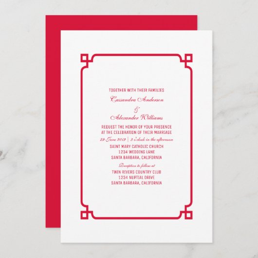 Red Deco Chic Wedding Invite Kaart (Voorkant / Achterkant)