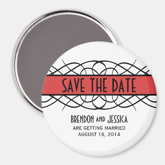 Red Deco Flourish Save the Date Magnet (Voorkant / Achterkant)