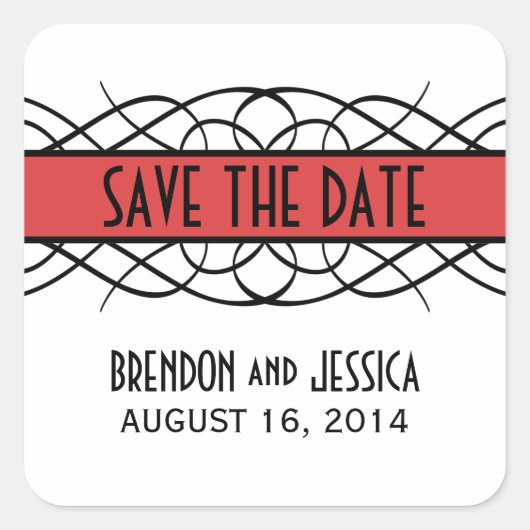 Red Deco Flourish Save the Date Stickers (Voorkant)
