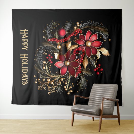 Red Decorative Flowers Holiday Backdrop Wandkleed (In Situ (horizontaal))