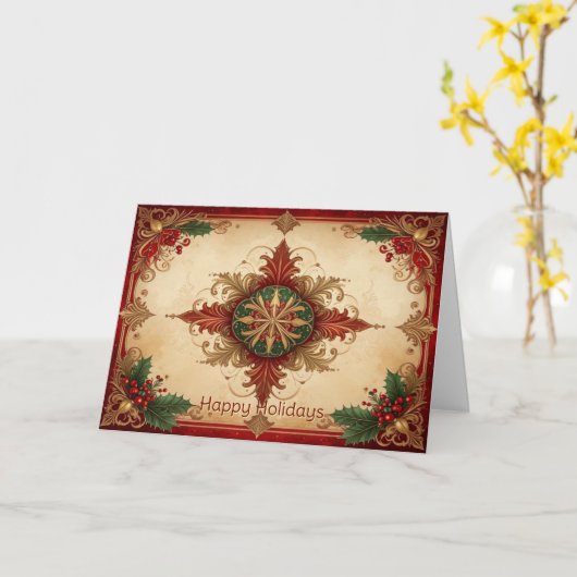 Red Decorative Holiday Card Kaart (Gele Bloem)
