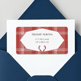 Red Deer Antlers Rustic Plaid Etiket