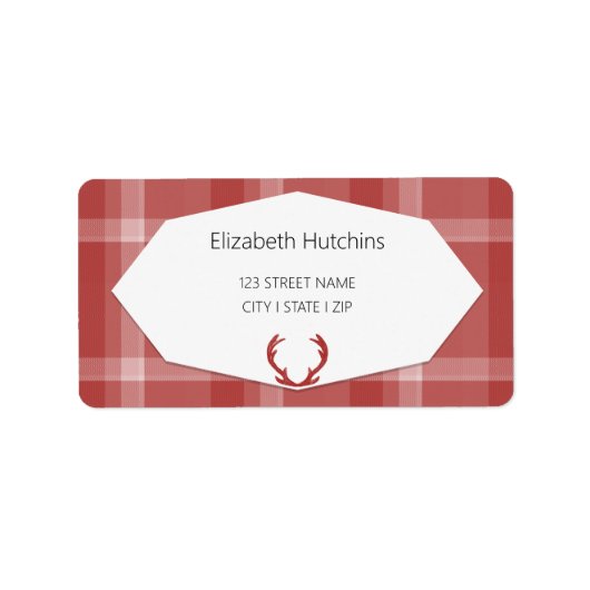 Red Deer Antlers Rustic Plaid Etiket (Voorkant)