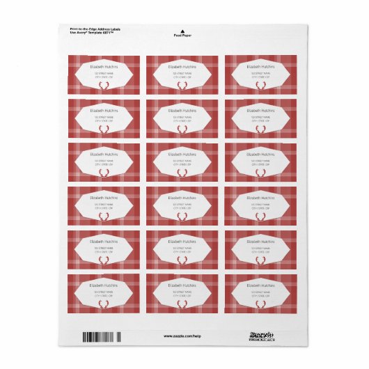 Red Deer Antlers Rustic Plaid Etiket (Full Sheet)