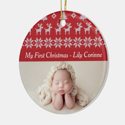 Red Deer Tree Pattern Baby's eerste kerstfoto Keramisch Ornament (Links)