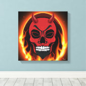 Red Devil Skull Skeleton met vuur en vlammenkunst Canvas Afdruk (Insitu (Houten vloer))