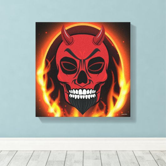 Red Devil Skull Skeleton met vuur en vlammenkunst Canvas Afdruk (Insitu (Houten vloer))