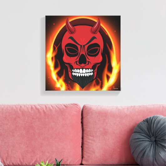 Red Devil Skull Skeleton met vuur en vlammenkunst Canvas Afdruk (Insitu (Woonkamer))