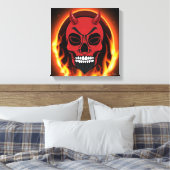 Red Devil Skull Skeleton met vuur en vlammenkunst Canvas Afdruk (Insitu (Slaapkamer))