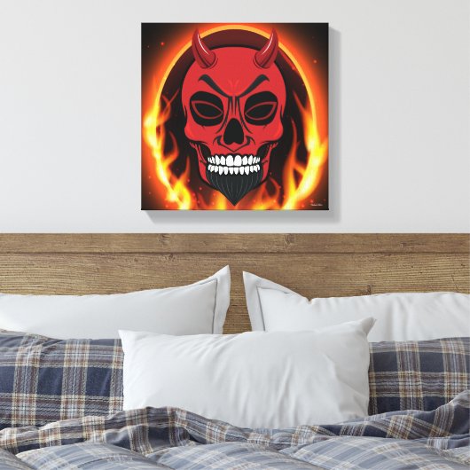 Red Devil Skull Skeleton met vuur en vlammenkunst Canvas Afdruk (Insitu (Slaapkamer))