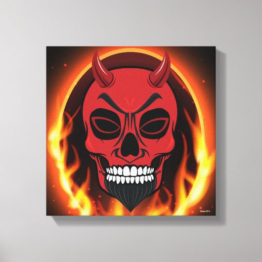Red Devil Skull Skeleton met vuur en vlammenkunst Canvas Afdruk (Voorkant)