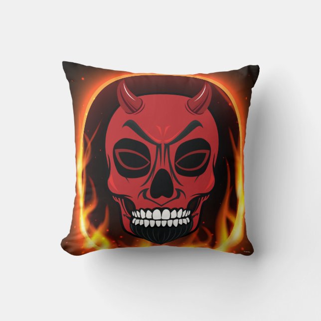 Red Devil Skull Skeleton Pillow fire and flames Kussen (Voorkant)