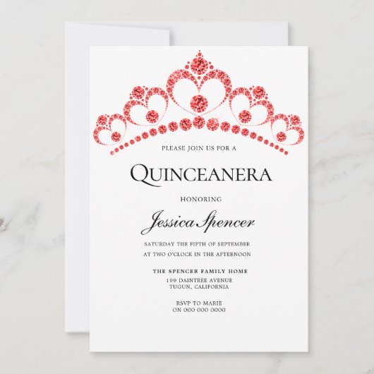 Red Diamond Tiara Quinceanera Party Invite Kaart (Voorkant)