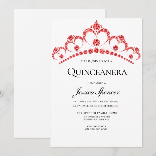 Red Diamond Tiara Quinceanera Party Invite Kaart (Voorkant / Achterkant)