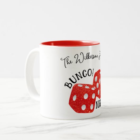 Red Dice Bunco Night Aangepaste naam Tweekleurige Koffiemok (Voorkant links)