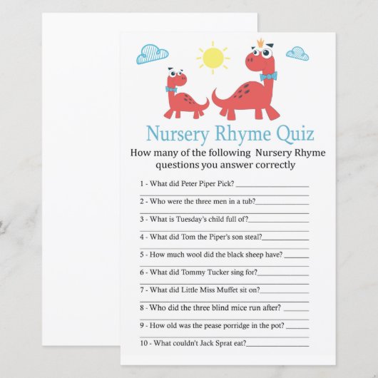 Red dinosaur Nursery Rhyme Quiz baby shower game (Voorkant / Achterkant)