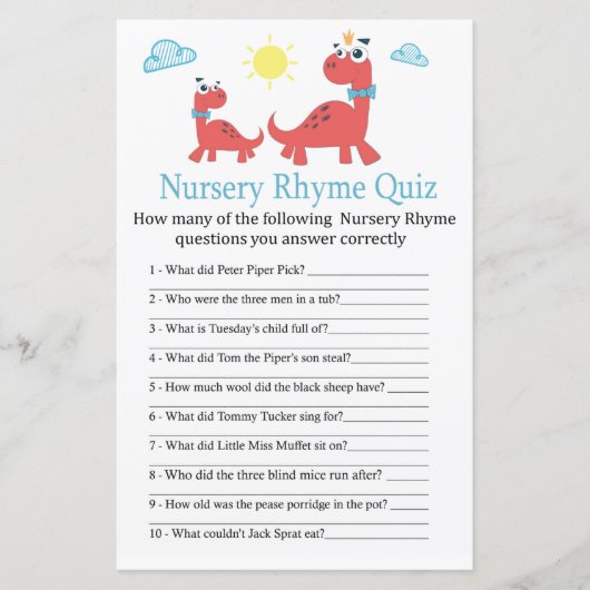 Red dinosaur Nursery Rhyme Quiz baby shower game (Voorkant)