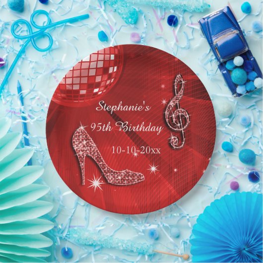 Red Disco Ball en Heels 95th Birthday Papieren Bordje (Feest)