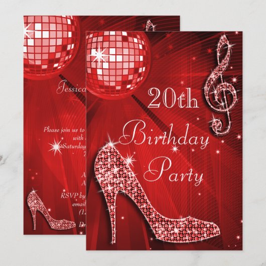 Red Disco Ball en Sparkle Heels 20e Verjaardag Kaart (Voorkant / Achterkant)