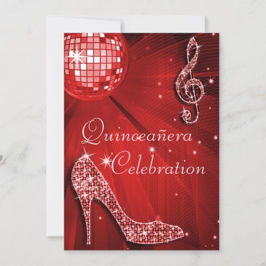 Red Disco Ball en Sparkle Heels Quinceañera Kaart (Voorkant)