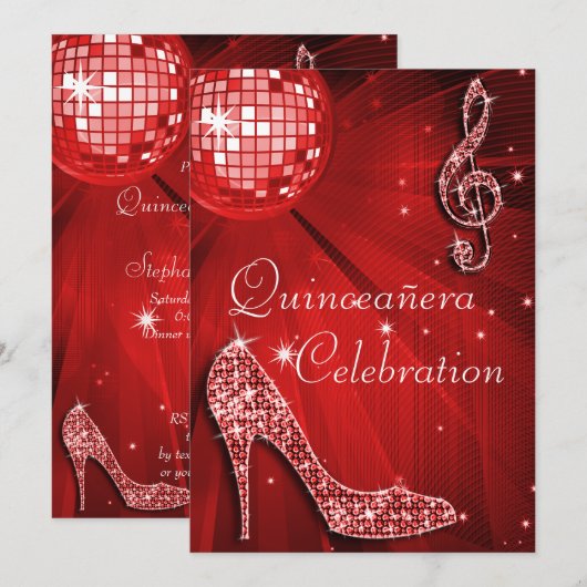 Red Disco Ball en Sparkle Heels Quinceañera Kaart (Voorkant / Achterkant)