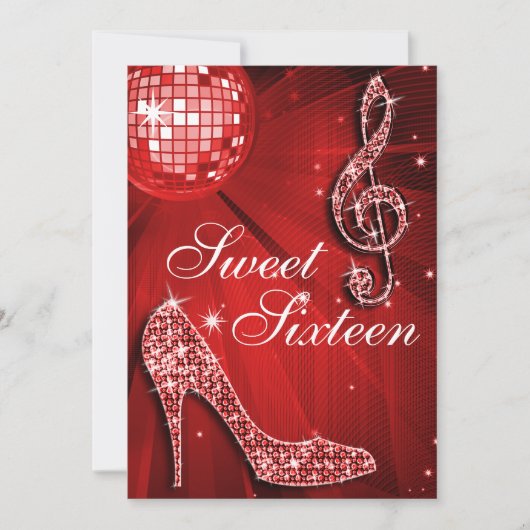 Red Disco Ball en Sparkle Heels Sweet 16 Kaart (Voorkant)