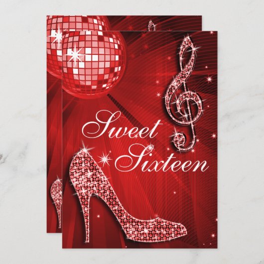 Red Disco Ball en Sparkle Heels Sweet 16 Kaart (Voorkant / Achterkant)