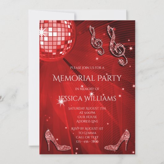 Red Disco Ball Sparkle Heels Memorial Party Kaart (Achterkant)