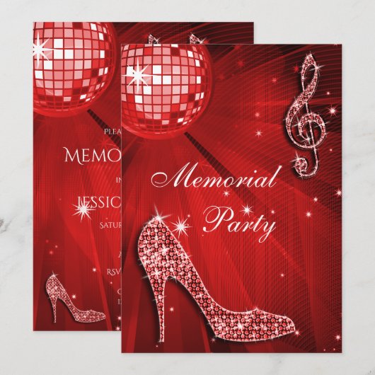 Red Disco Ball Sparkle Heels Memorial Party Kaart (Voorkant / Achterkant)